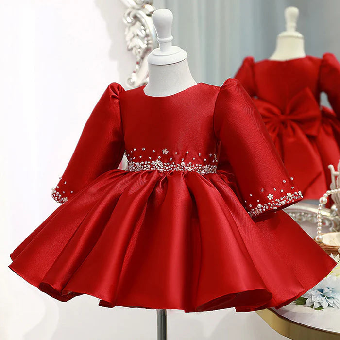 GIRL CHRISTMAS DRESS BABY GIRL WINTER RED BEAD PUFFY BIRTHDAY PARTY DRESSES