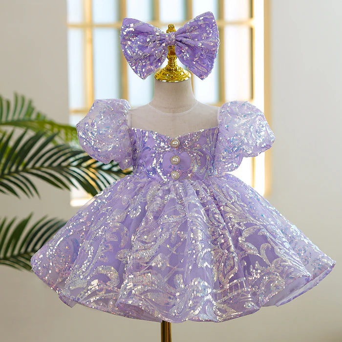 BABY GIRL FORMAL PRINCESS DRESS TODDLER PURPLE SEQUIN PUFF SLEEVE BIRTHDAY DRESS  (1)