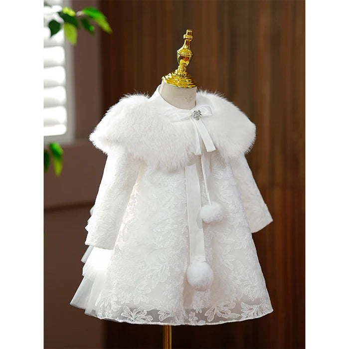 BABY GIRL AUTUMN WINTER FLOWER DRESS GIRL PLUSH LACE LONG SLEEVE BAPTISM PRINCESS DRESS