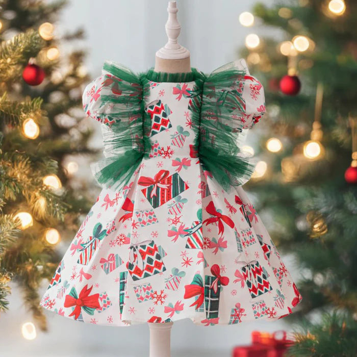 RETRO PRINTING CHRISTMAS DRESS BABY GIRL CHRISTMAS DRESS SEQUINED CHRISTMAS DRESS