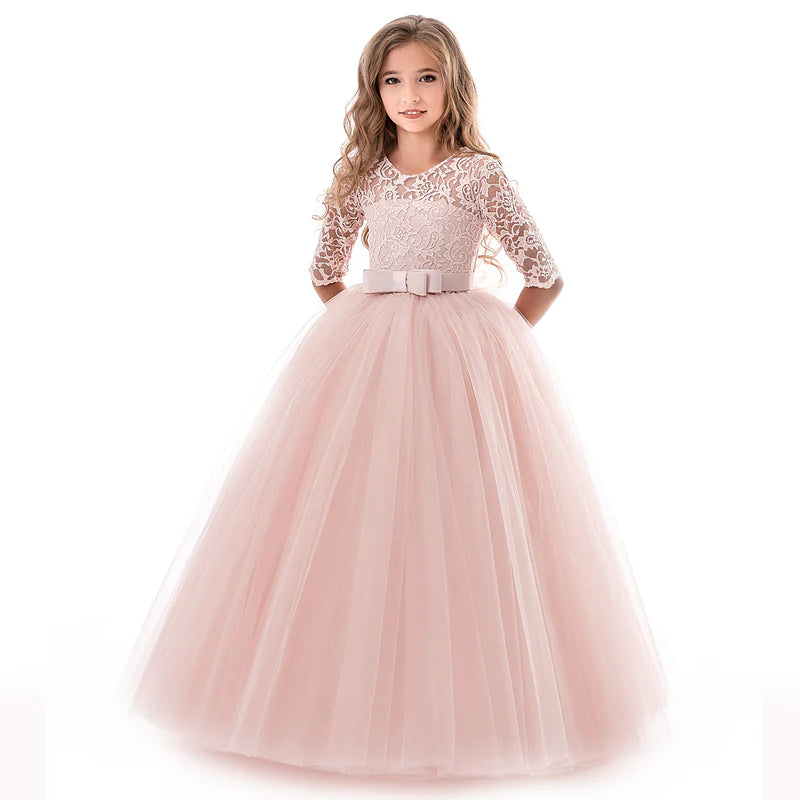 GIRL FORMAL PRINCESS DRESS SWEET LONG EMBROIDERED SLEEVE PAGEANT PARTY DRESS