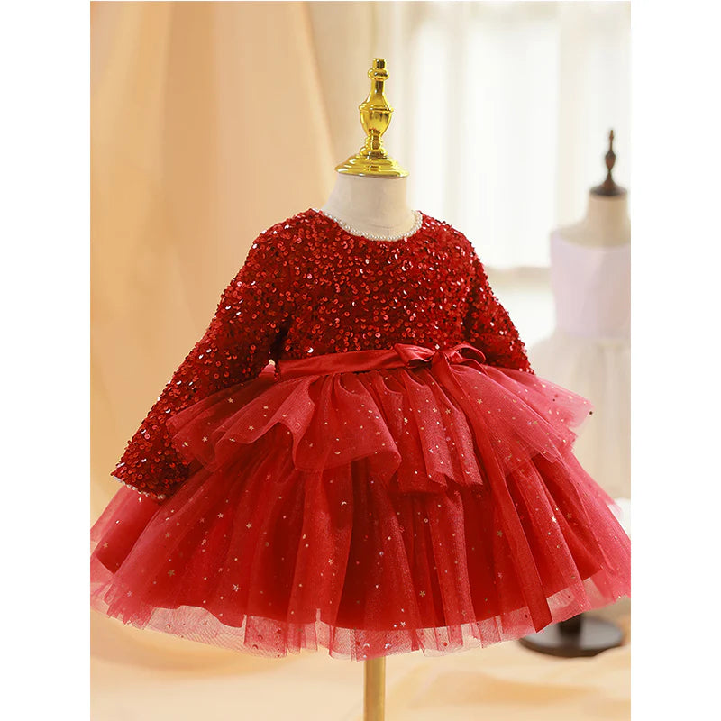 GIRL CHRISTMAS DRESS BABY GIRL DRESS TODDLER PROM DRESS PRINCESS RED SEQUIN LONG SLEEVE PUFFY DRESS