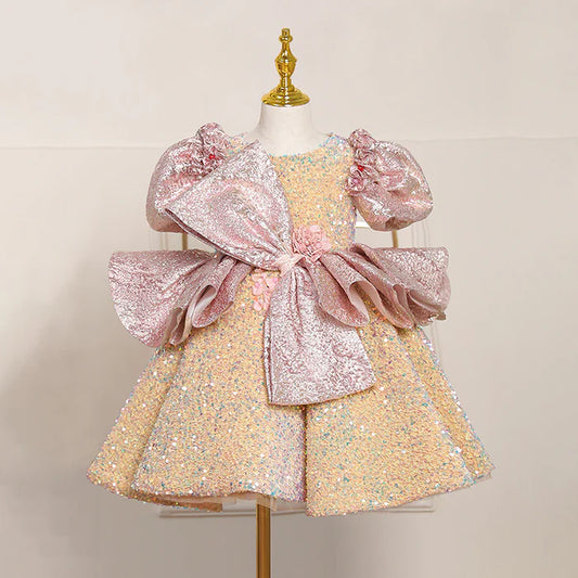 TODDLER PROM DRESS GIRL LUXURIOUS SEQUIN BIG BOW PUFF SLEEVES PRINCESS BIRTHDAY DRESS