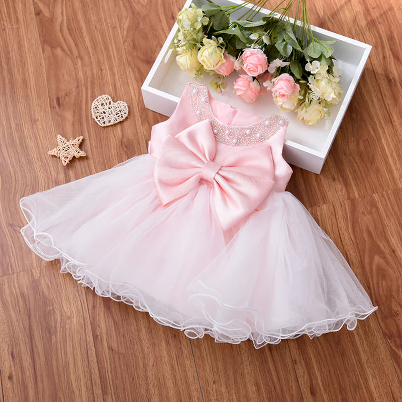 6 To 24 Month European Style Newborn Baby Beading Dress Polyester Kid Children Princess Girl Dress With Big Bow