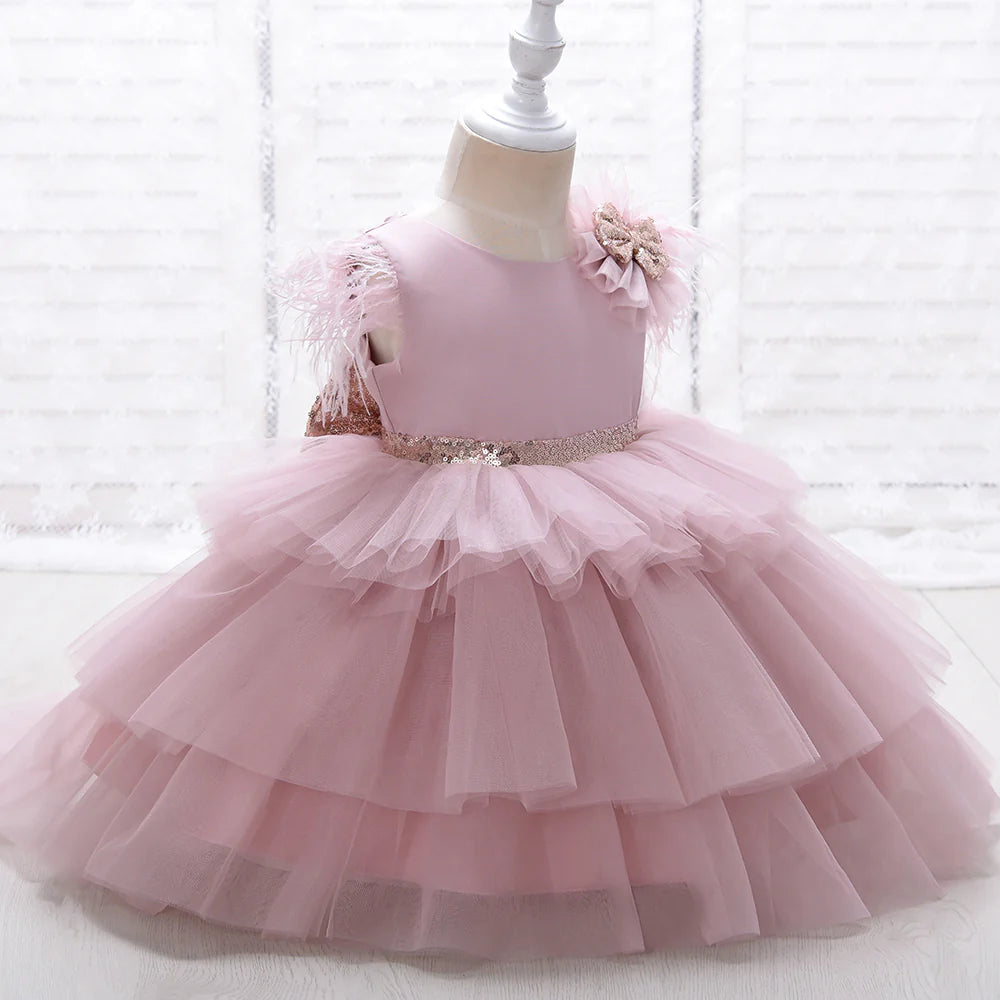 6-24-Months 1-5years New Girls Dress Sequins Layered Tulle V-Back Design With Headband Tutu Skirt Wedding Flower Girl Dress