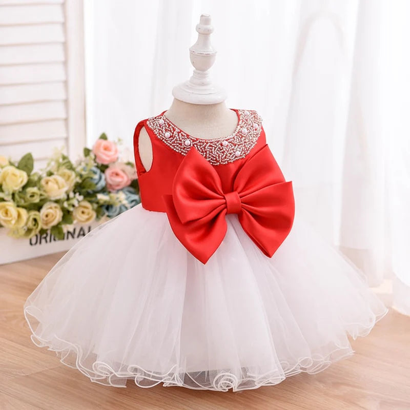 6 To 24 Month European Style Newborn  Baby Beading Dress Polyester Kid Children Princess Girl Dress With Big Bow