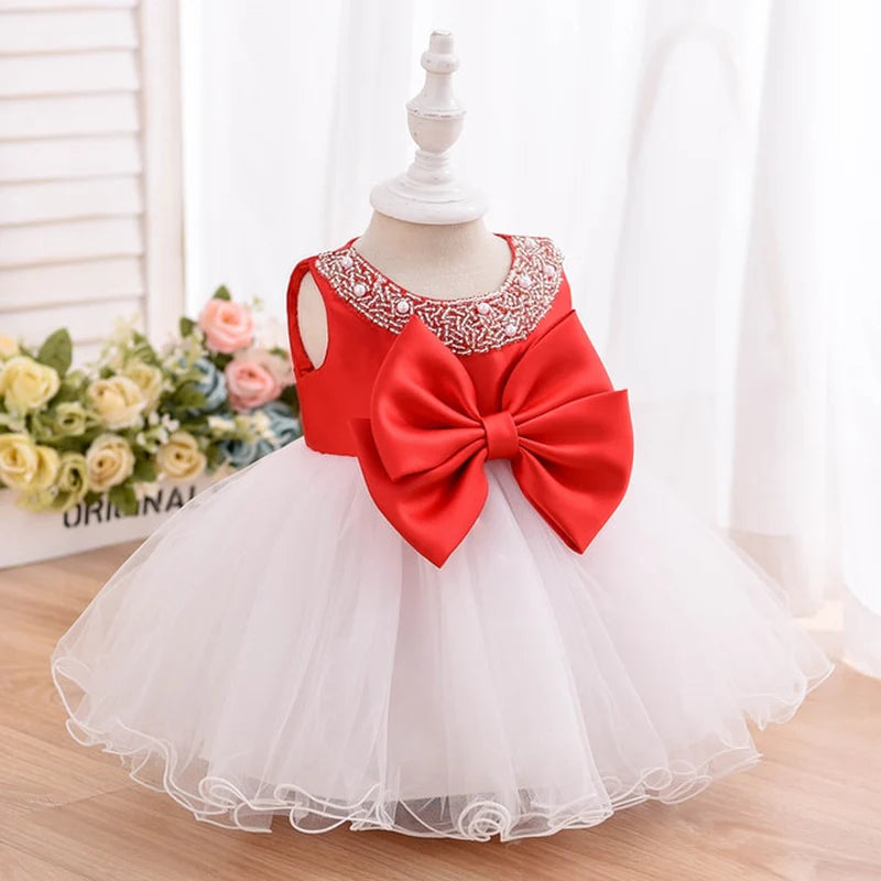 6 To 24 Month European Style Newborn Baby Beading Dress Polyester Kid Children Princess Girl Dress With Big Bow