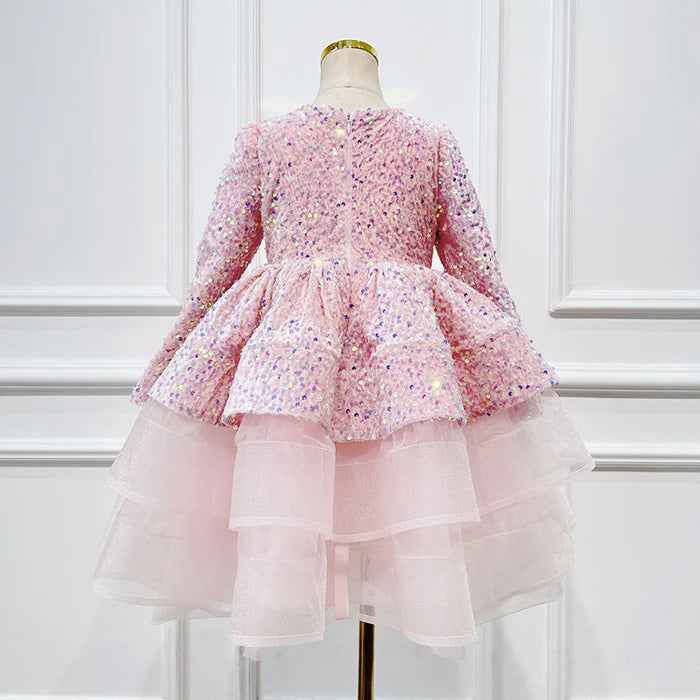 ELEGANT CHRISTMAS DRESS BABY GIRLS PINK WINTER SEQUIN CAKE DRESS NEW YEAR'S DRESS