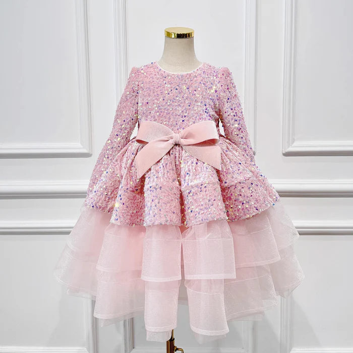 ELEGANT CHRISTMAS DRESS BABY GIRLS PINK WINTER SEQUIN CAKE DRESS NEW YEAR'S DRESS