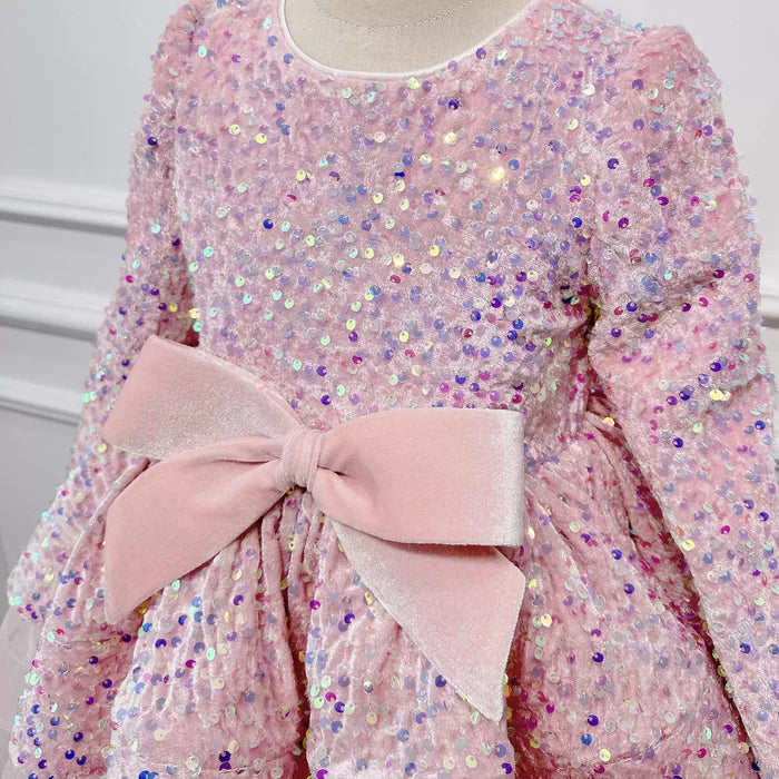 ELEGANT CHRISTMAS DRESS BABY GIRLS PINK WINTER SEQUIN CAKE DRESS NEW YEAR'S DRESS