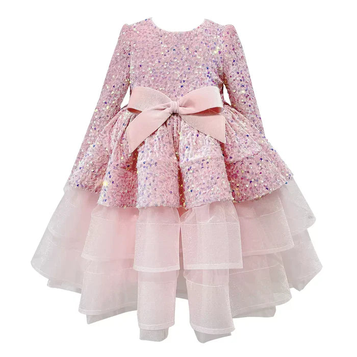 ELEGANT CHRISTMAS DRESS BABY GIRLS PINK WINTER SEQUIN CAKE DRESS NEW YEAR'S DRESS