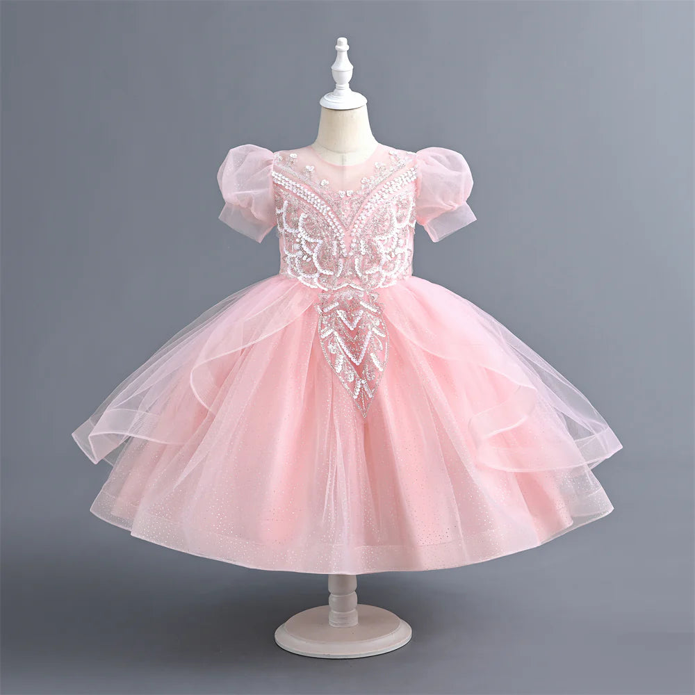 Summer 110-160 Girls Sequined Tulle Mesh Princess Dress Kids Cute Puff Sleeve Dresses For Girls Children Clothes