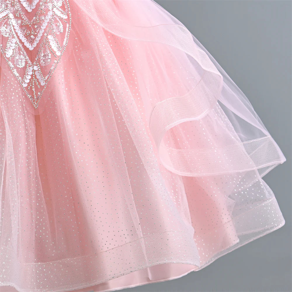 Summer 110-160 Girls Sequined Tulle Mesh Princess Dress Kids Cute Puff Sleeve Dresses For Girls Children Clothes