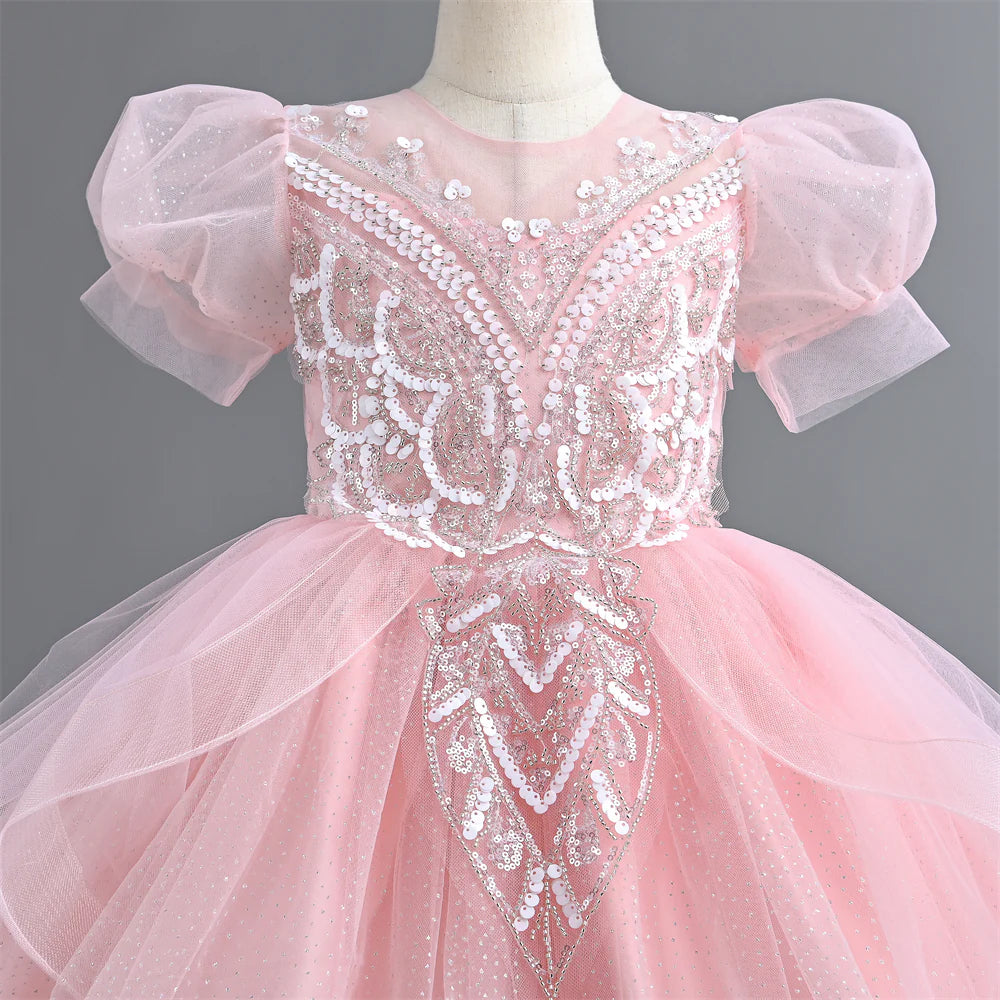 Summer 110-160 Girls Sequined Tulle Mesh Princess Dress Kids Cute Puff Sleeve Dresses For Girls Children Clothes