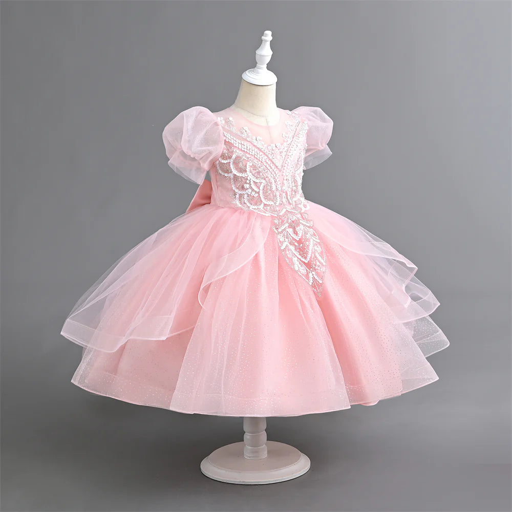 Summer 110-160 Girls Sequined Tulle Mesh Princess Dress Kids Cute Puff Sleeve Dresses For Girls Children Clothes