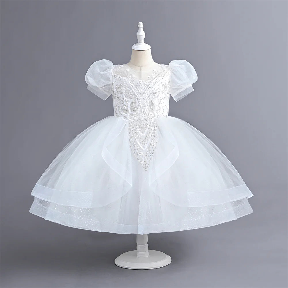 Summer 110-160 Girls Sequined Tulle Mesh Princess Dress Kids Cute Puff Sleeve Dresses For Girls Children Clothes