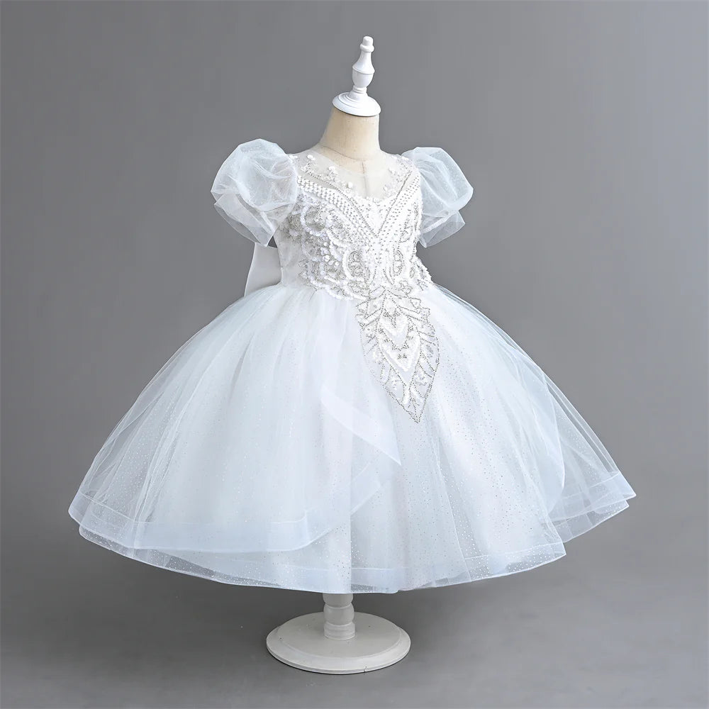 Summer 110-160 Girls Sequined Tulle Mesh Princess Dress Kids Cute Puff Sleeve Dresses For Girls Children Clothes