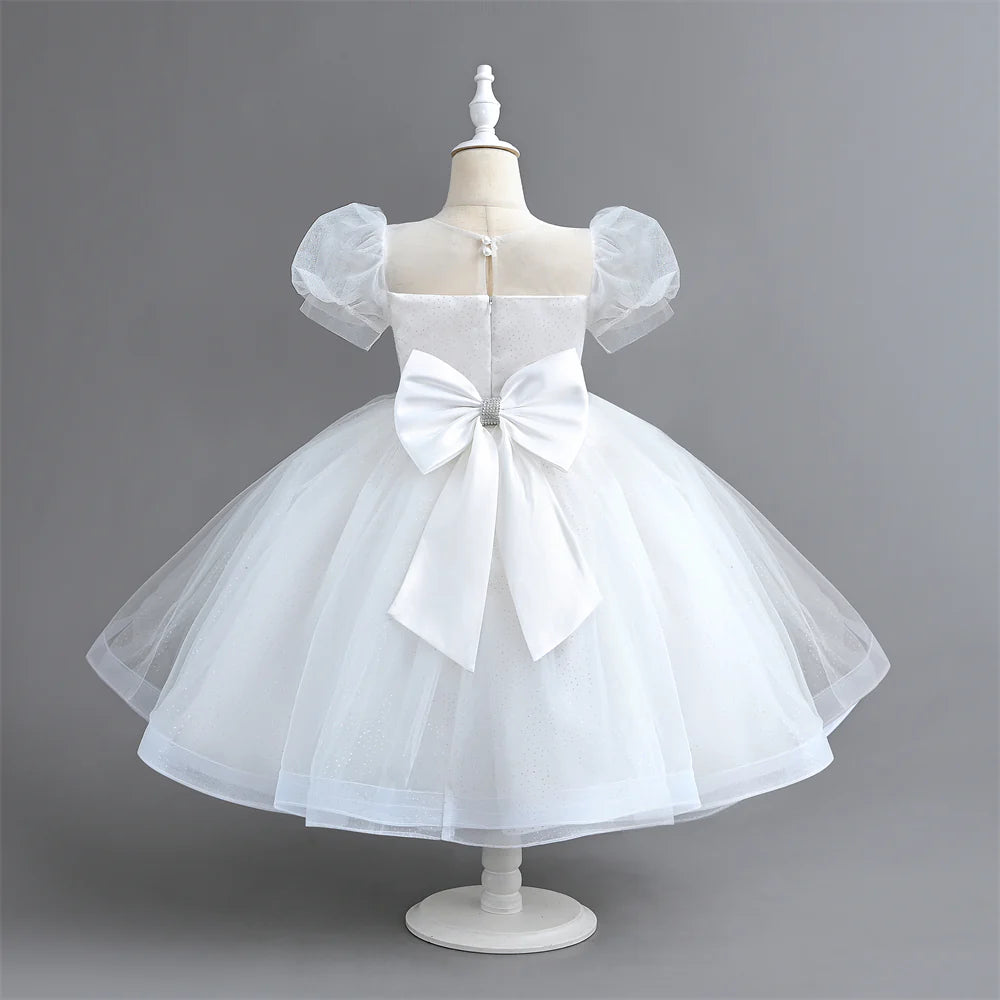 Summer 110-160 Girls Sequined Tulle Mesh Princess Dress Kids Cute Puff Sleeve Dresses For Girls Children Clothes