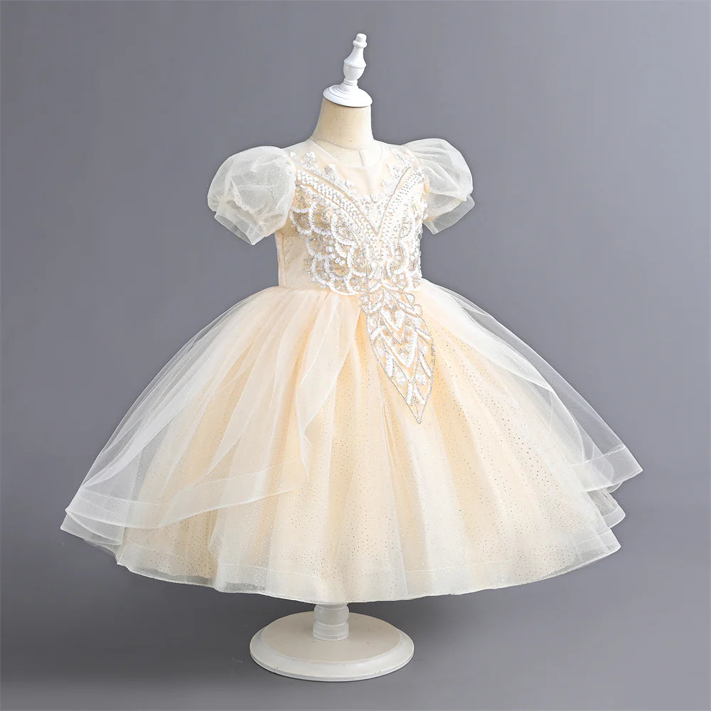 Summer 110-160 Girls Sequined Tulle Mesh Princess Dress Kids Cute Puff Sleeve Dresses For Girls Children Clothes