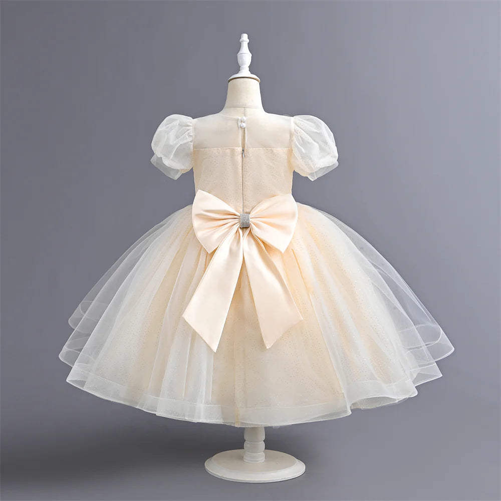 Summer 110-160 Girls Sequined Tulle Mesh Princess Dress Kids Cute Puff Sleeve Dresses For Girls Children Clothes