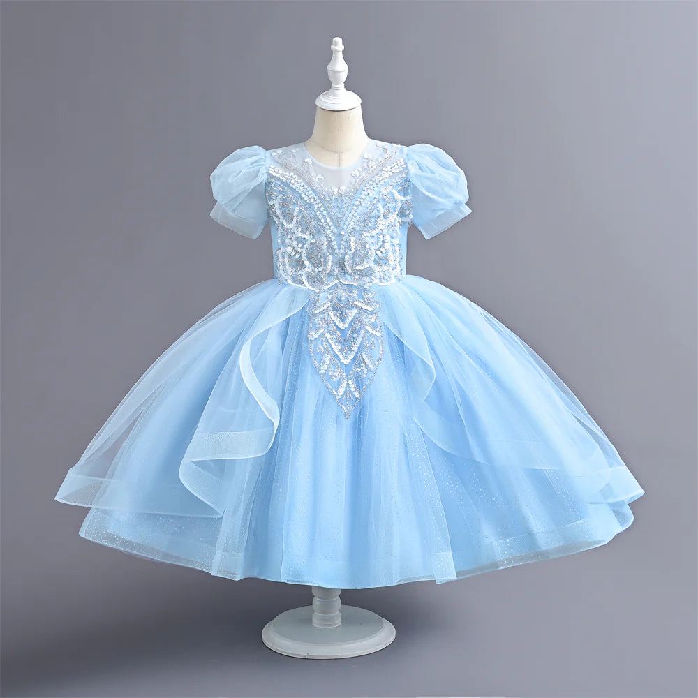 Summer 110-160 Girls Sequined Tulle Mesh Princess Dress Kids Cute Puff Sleeve Dresses For Girls Children Clothes