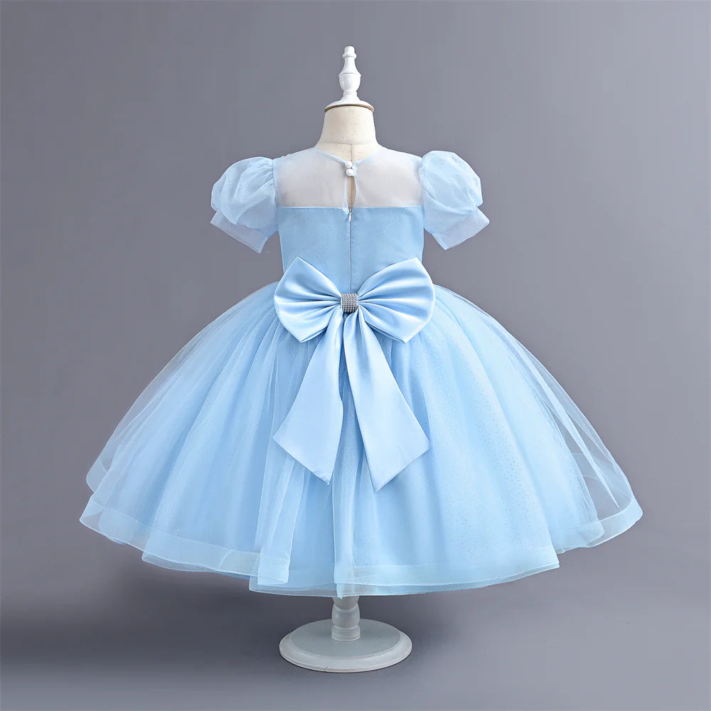 Summer 110-160 Girls Sequined Tulle Mesh Princess Dress Kids Cute Puff Sleeve Dresses For Girls Children Clothes