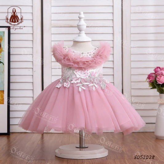 Bos206-24-Months Summer Pink NewBorn Layered Baby Formal Flower Girl Dress Kid Party Princess Birthday Children Dress