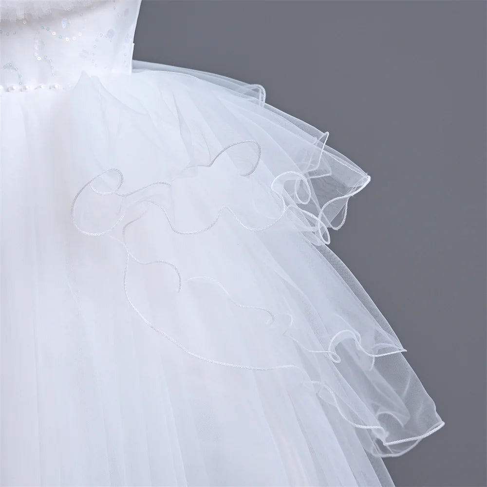 Girls Dress For Eid Flower Girl Wedding Tulle Puffy Collar Pearls Princess Elegant Birthday First Communiopn Ball Gown