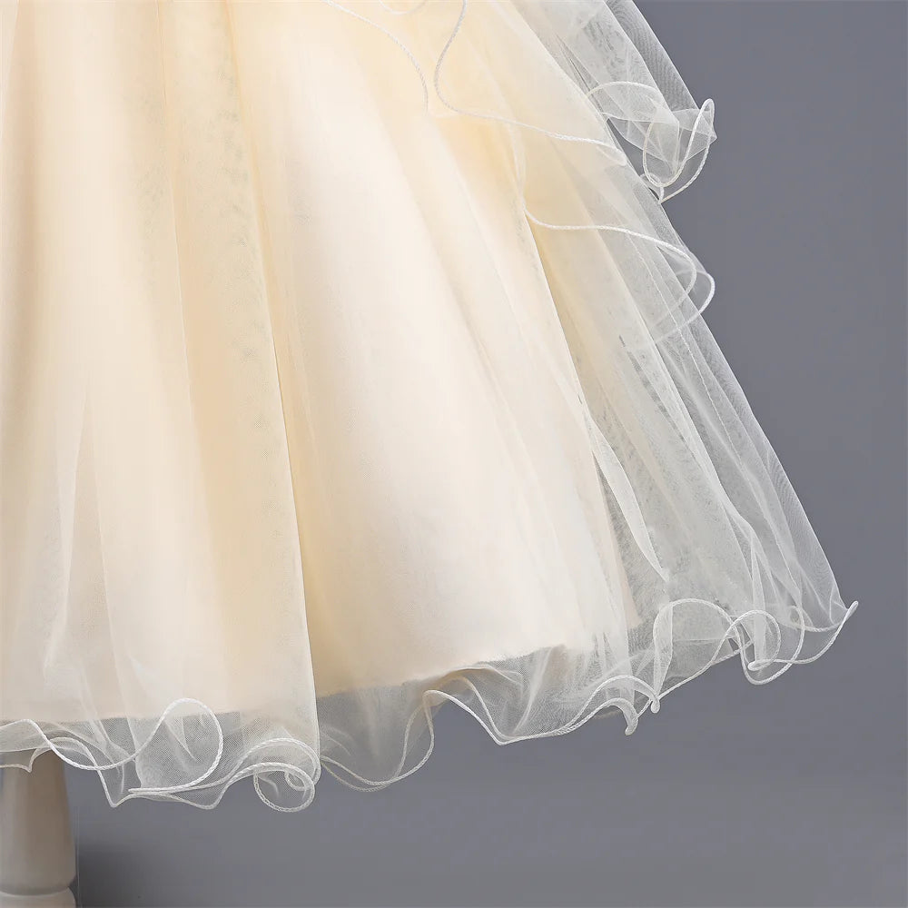 Girls Dress For Eid Flower Girl Wedding Tulle Puffy Collar Pearls Princess Elegant Birthday First Communiopn Ball Gown