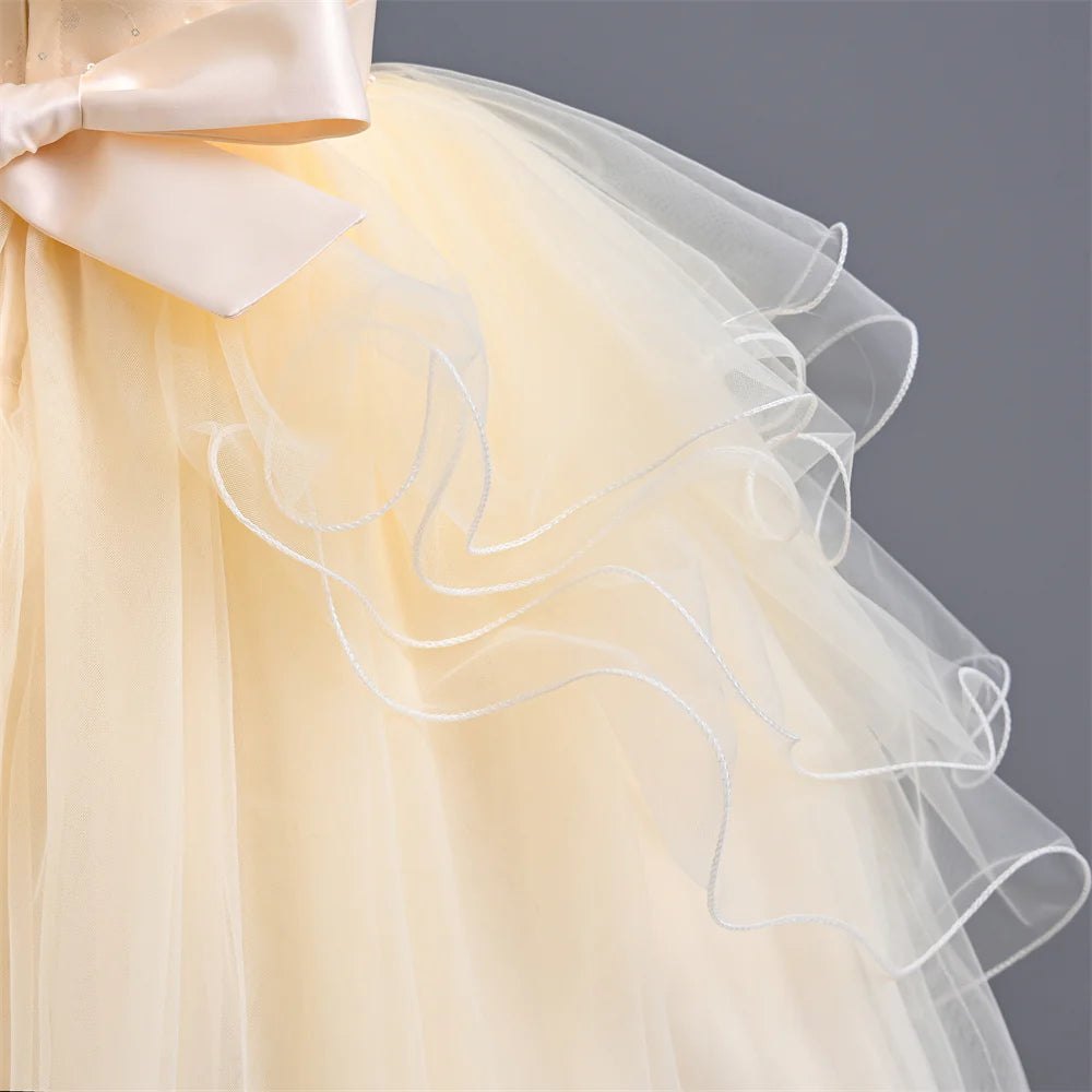 Girls Dress For Eid Flower Girl Wedding Tulle Puffy Collar Pearls Princess Elegant Birthday First Communiopn Ball Gown