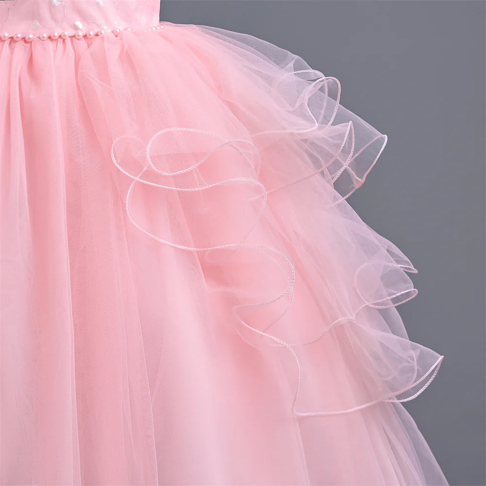 Girls Dress For Eid Flower Girl Wedding Tulle Puffy Collar Pearls Princess Elegant Birthday First Communiopn Ball Gown