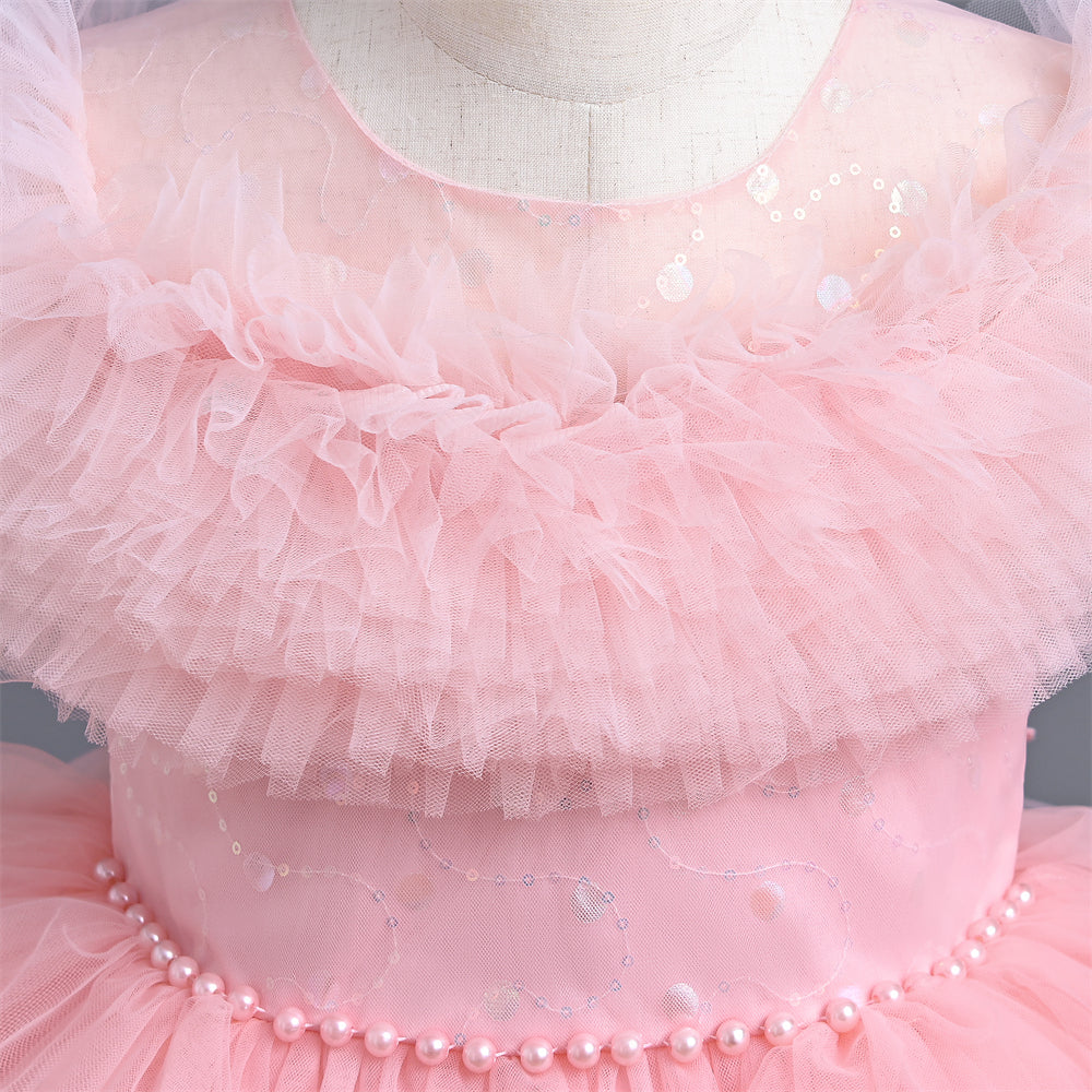 Girls Dress For Eid Flower Girl Wedding Tulle Puffy Collar Pearls Princess Elegant Birthday First Communiopn Ball Gown