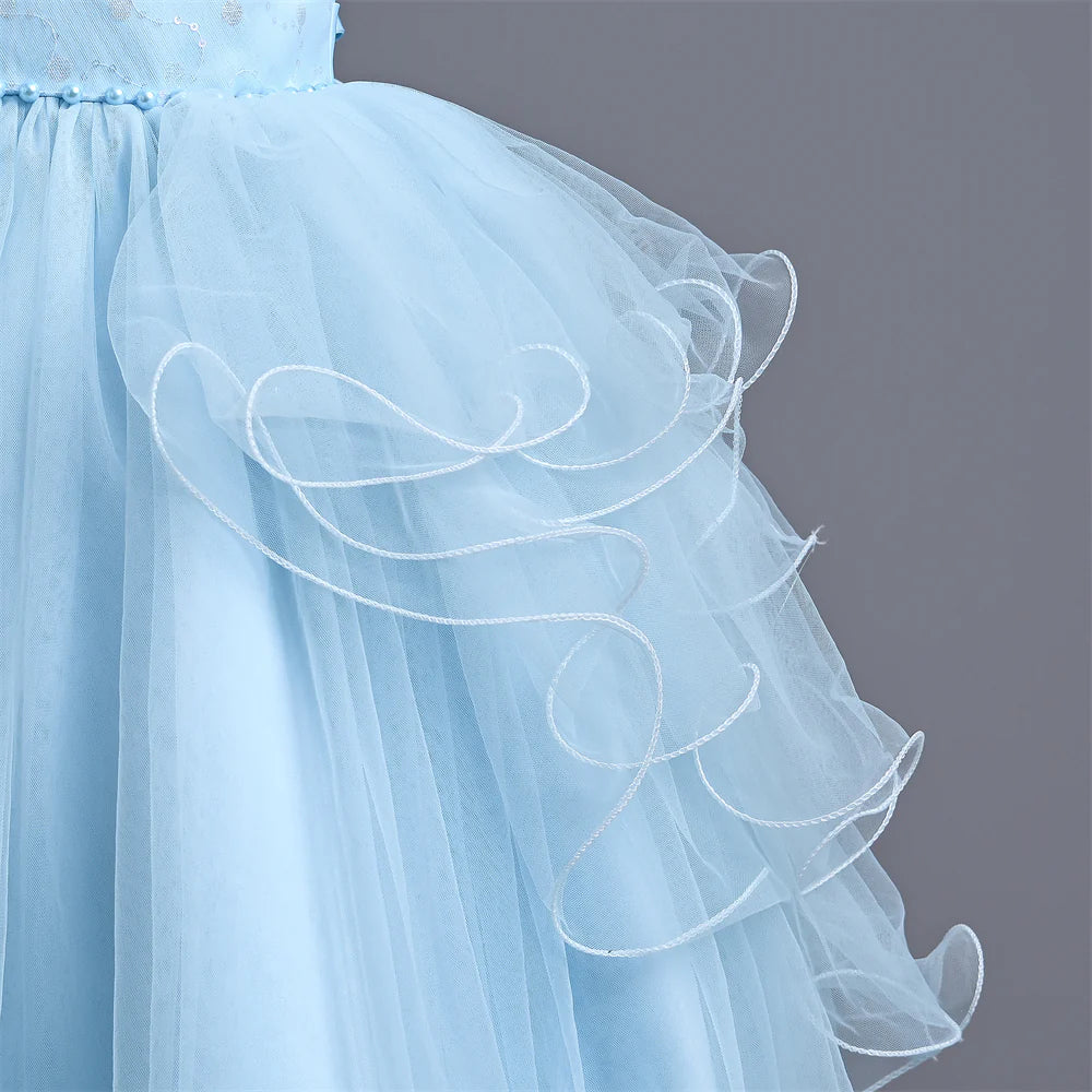 Girls Dress For Eid Flower Girl Wedding Tulle Puffy Collar Pearls Princess Elegant Birthday First Communiopn Ball Gown