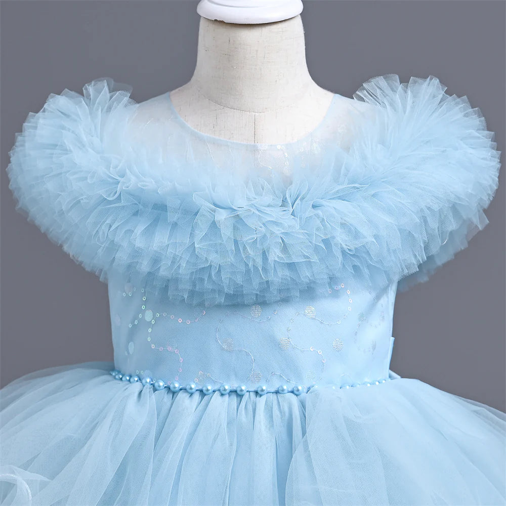 Girls Dress For Eid Flower Girl Wedding Tulle Puffy Collar Pearls Princess Elegant Birthday First Communiopn Ball Gown