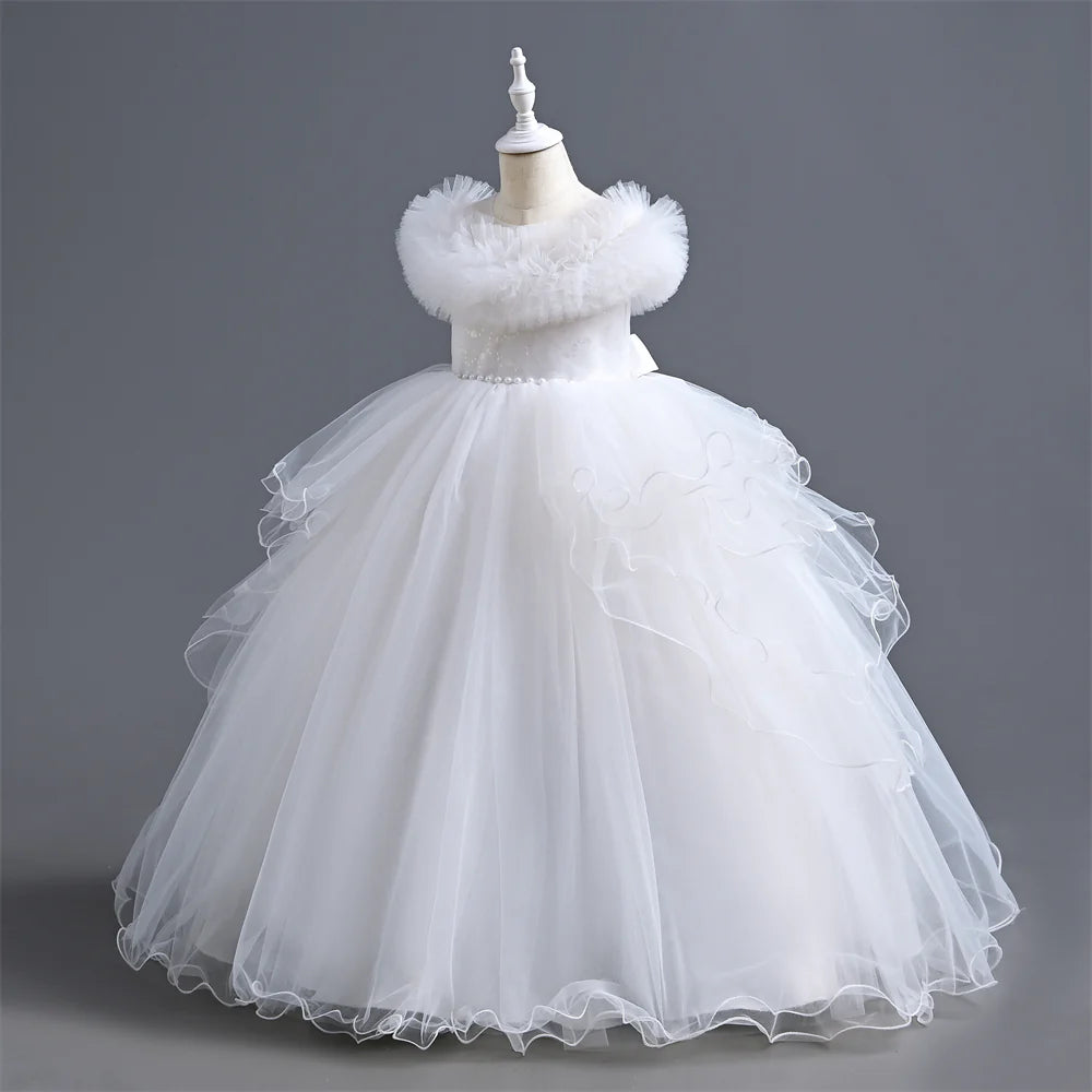 Girls Dress For Eid Flower Girl Wedding Tulle Puffy Collar Pearls Princess Elegant Birthday First Communiopn Ball Gown