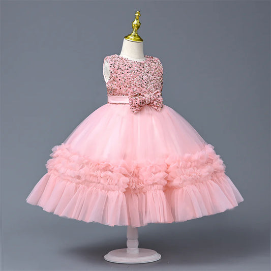 4 To 9 Years Evening Child Dress Cute Bow Kids Party Dress Spring Fall Sumer Tulle Baby Costumes Girls