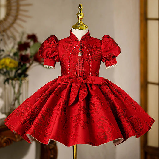 GIRL CHRISTMAS DRESS LITTLE GIRL DRESS TODDLER RETRO RED PRINTED STAND COLLAR FORMAL PARTY PRINCESS DRESS