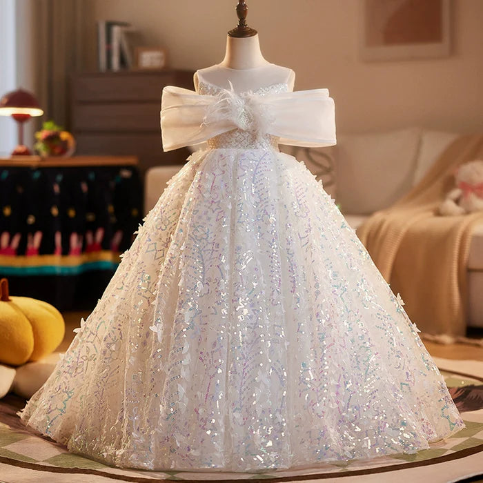 WINTER CHRISTENING DRESS BEAUTY PAGEANT DRESS TODDLER SEQUINS PARTY PRINCESS DRESS