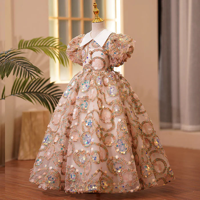 FIRST COMMUNION DRESS BABY GIRL EASTER DRESS GIRL SUMMER LUXURY SEQUINS PUFF SLEEVES PAGEANT PRINCESS DRESS