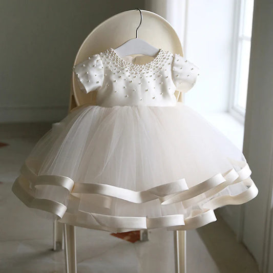 BAPTISM DRESSES BABY GIRL SUMMER WHITE BEAD PUFFY MESH BIRTHDAY PARTY DRESS