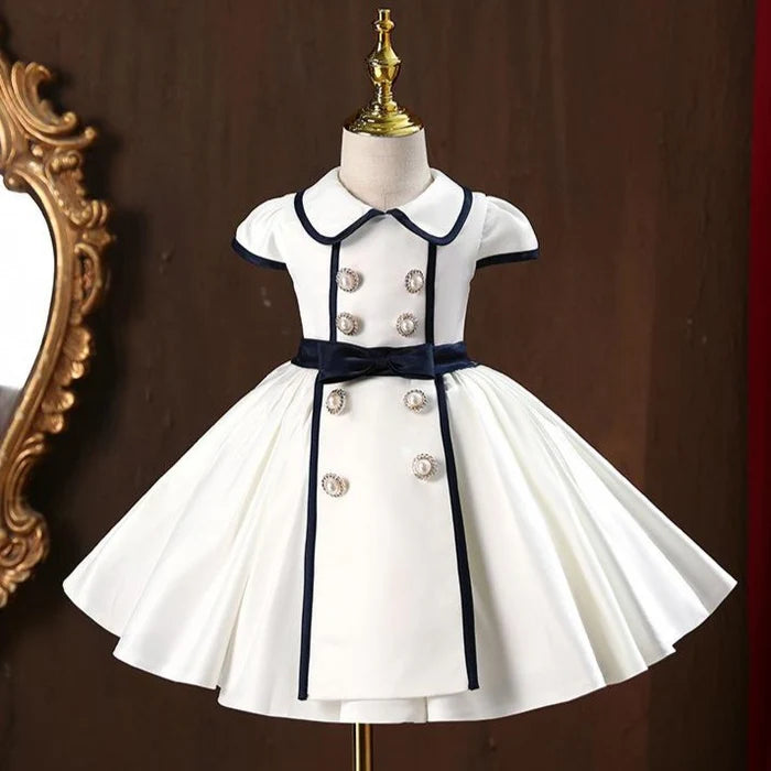 GIRL FORMAL PRINCESS DRESSES BABY GIRL WHITE ELEGANT BUTTON BIRTHDAY PARTY DRESS