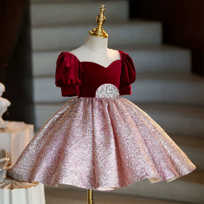 CHRISTMAS DRESS GIRLS EVENING DRESS PUFF SLEEVE PRINCESS DRESS