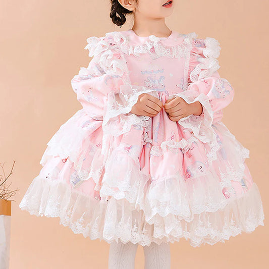 BABY GIRL PINK LONG SLEEVE LOLITA LACE DRESSES GIRL PRINCESS PARTY DRESSES