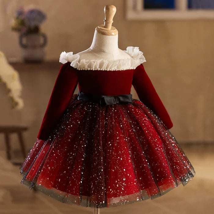 CHILDREN'S LONG SLEEVE BIRTHDAY DRESS RED PRINCESS DRESS