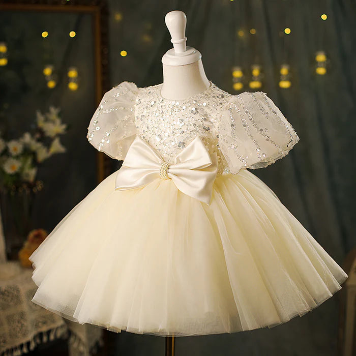 BABY GIRL CHAMPAGNE BOW SEQUINS PUFFY BIRTHDAY PRINCESS DRESS