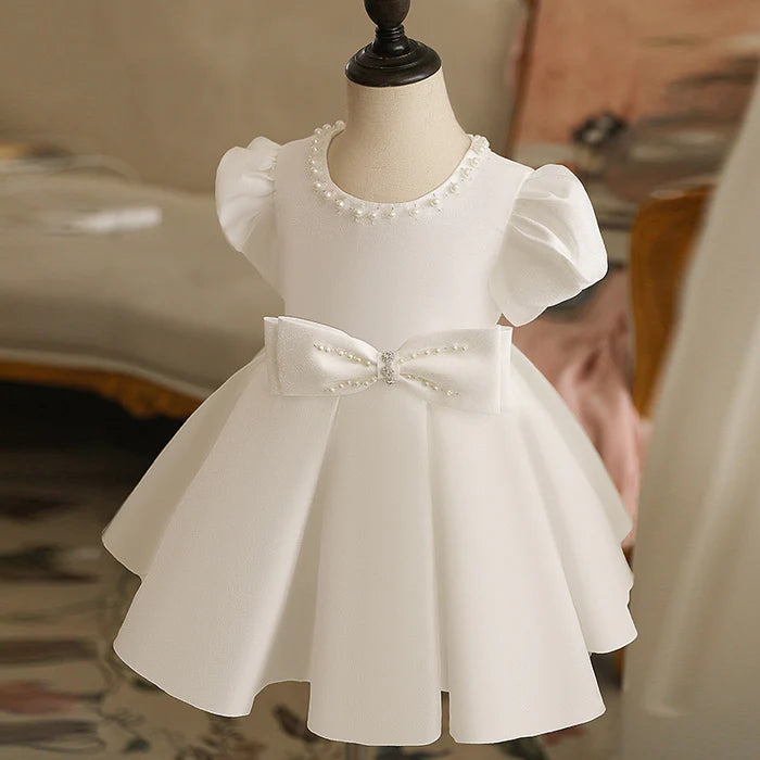 FIRST COMMUNION DRESS BABY GIRL WHITE TEXTURED PUFF SLEEVES PUFFY BOW PRINCESS CHRISTENING DRESS