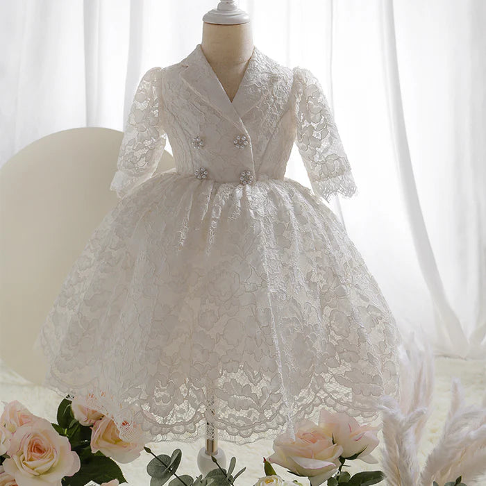 FIRST COMMUNION DRESS BABY GIRL ELEGANT LACE FLOWER BUTTON FORMAL PRINCESS DRESS