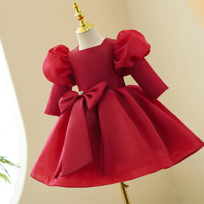 GIRL CHRISTMAS DRESS TODDLER PROM DRESS GIRL PRINCESS DRESS RED LONG SLEEVE BOW PUFFY PARTY DRESS