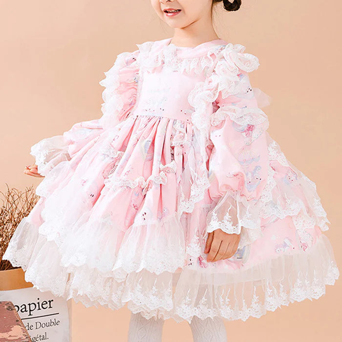 BABY GIRL PINK LONG SLEEVE LOLITA LACE DRESSES GIRL PRINCESS PARTY DRESSES