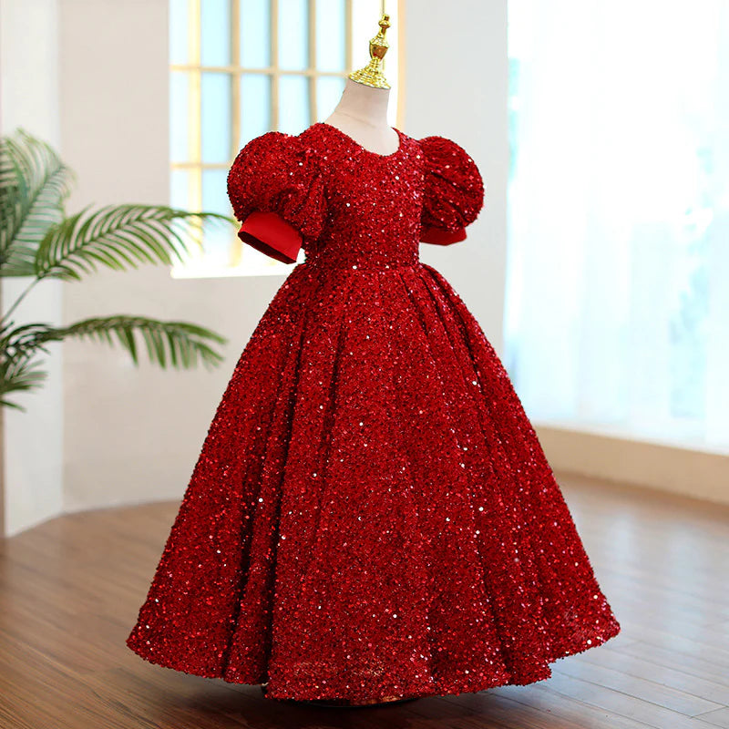 GIRL CHRISTMAS DRESS FIRST COMMUNION DRESS RED SEQUIN ROUND NECK BIRTHDAY PARTY PRINCESS DRESS